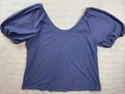 Ava & Viv Shirt Womens 1X 18 Navy Blue Puff Sleeve Eyelet Scoop Neck Plus Size