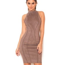 House of CB Richere Taupe Faux Suede Halter Midi Dress XS Bodycon Neutral