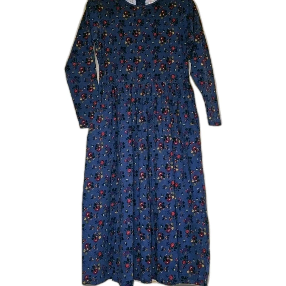 Hanna Andersson Blue Floral Midi Dress 100% Cotton Small Long Sleeve Made in USA - Image 2 of 4