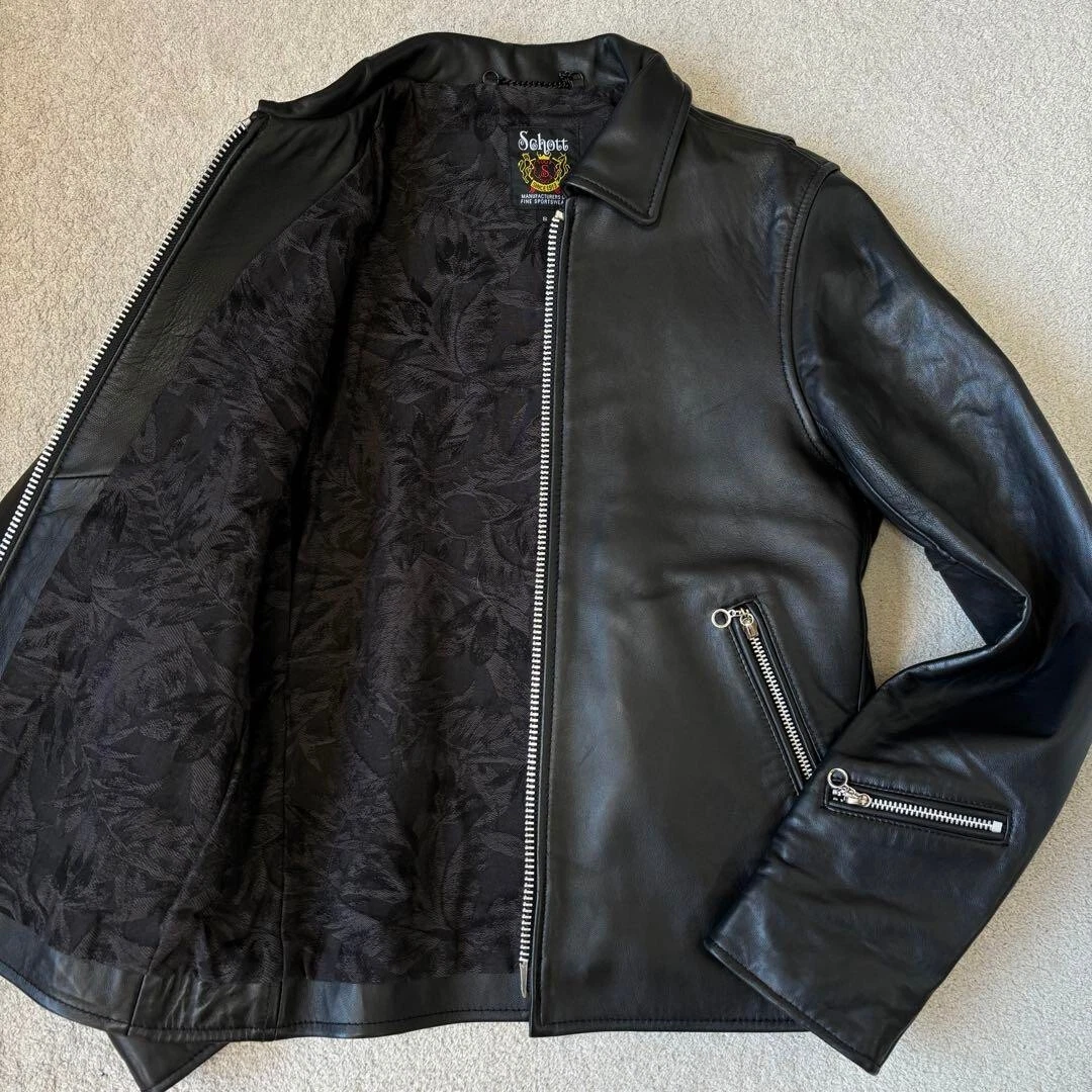 Chaqueta de cuero individual de piel de cordero exclusiva de Schott x Nano Universe negra talla S JP