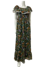 Vintage Edwardian Maxi Dress Womens 11 Prairie Cottage Ruffles Green Lace Floral