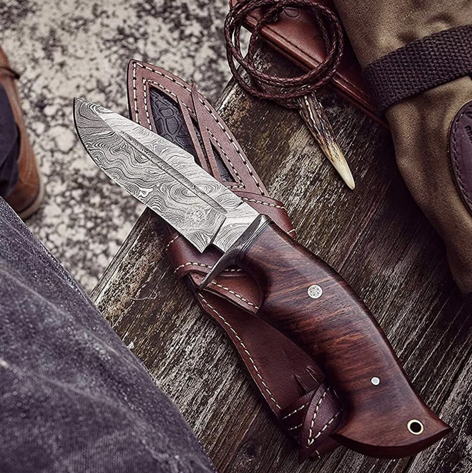 Cuchillo de caza de acero Damasco hecho a mano de 10" EDC funda de cuchillo de supervivencia desollado Foto 2 de 2