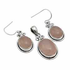 Rose Quartz Solid 925 Sterling Silver Pendant  Earrings Set Jewelry ST-094