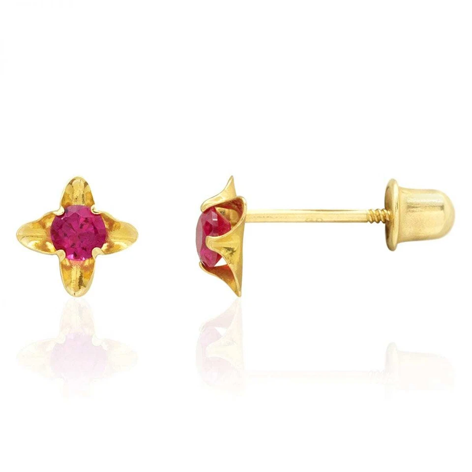 14k Yellow Gold Ruby Flower Baby Screwback Stud Earrings 5mm - Image 2 of 4