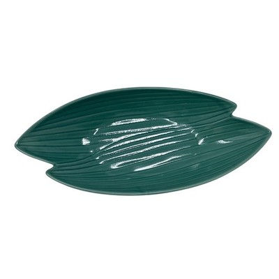 Teal Leaf Shaped Serving Dish Bowl Japan Ceramic Textured Mid Century Modern