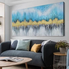 Ardemy Teal Mountain Abstract Canvas Wall Art Nature Gold Scenery Painting, M...