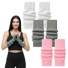 Arm Warmers, 3 Pairs Fingerless Knitted Arm Gloves, Women's White, Pink, Gray