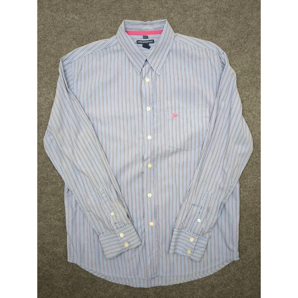 Aeropostale 男式正装衬衫中号修身条纹蓝色粉红色纽扣 — 第 2/4 张图片