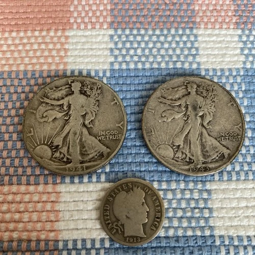 2 Walking Liberty Half Dollars 1 Barber Dime 1913 90% silver