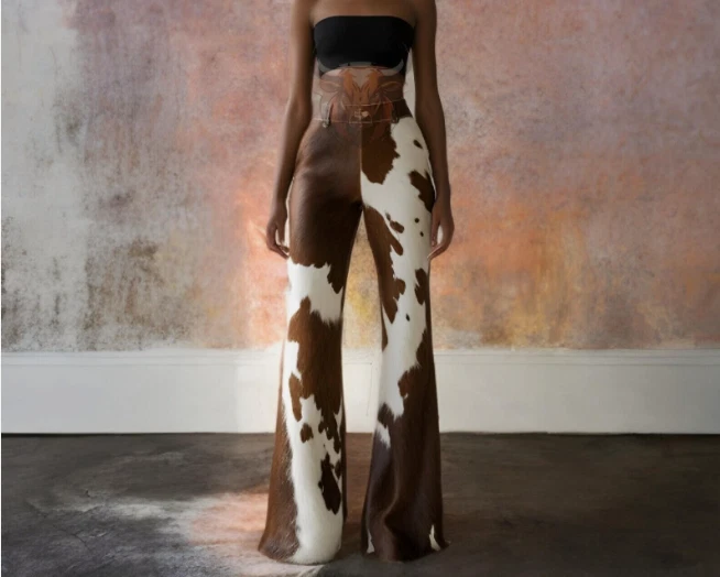 Pantalones de cuero de vaca genuino para mujer pantalones acampanados de campana pelo de pony pantalones de piel Foto 3 de 4