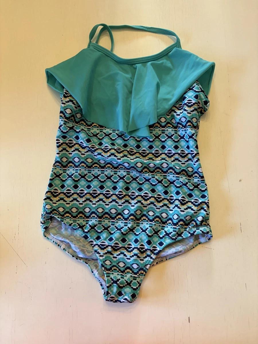 Maillot de bain fille deux pièces imprimé géométrique et détails corail