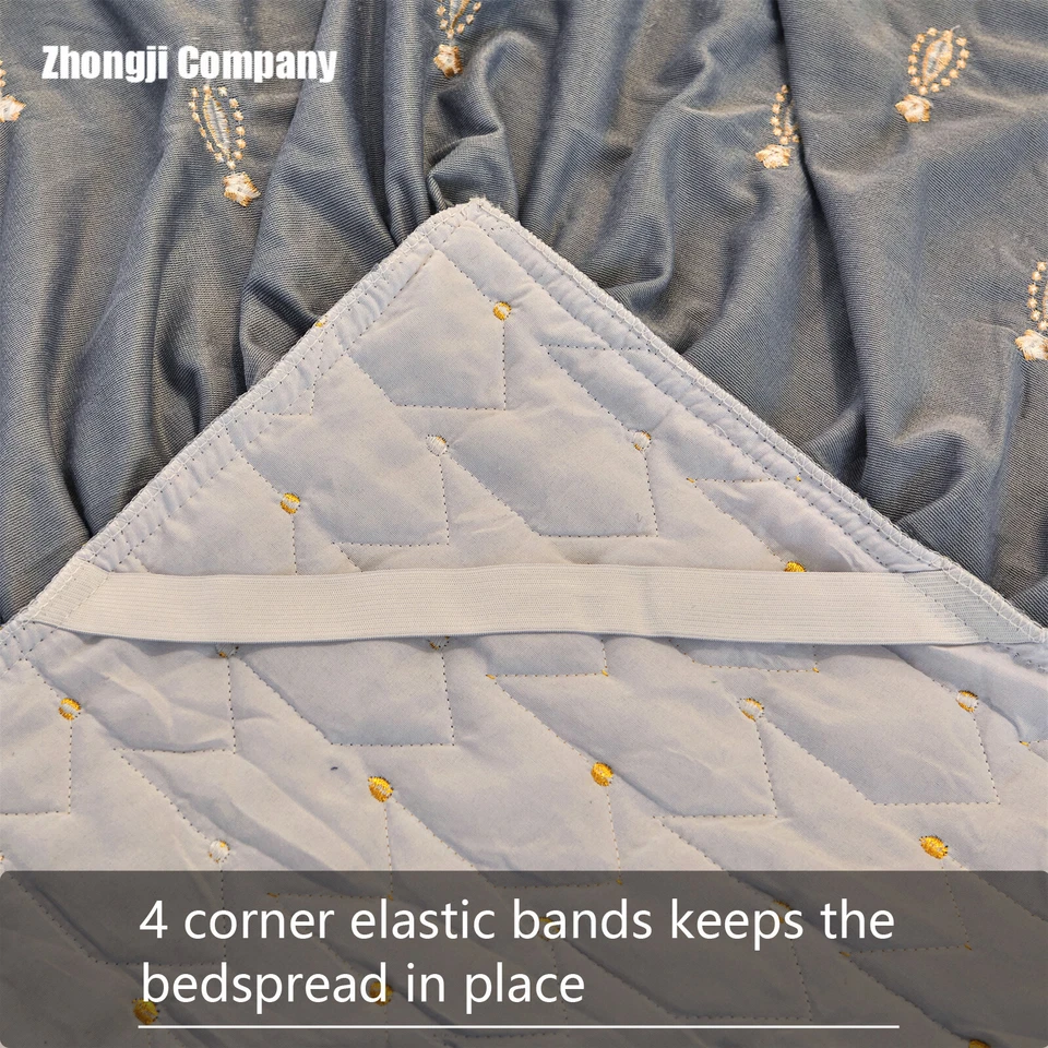 Quilted Velvet Bedspread Set Queen Embroidered Flower Thicken Ruffle Bed Skirt - Image 4 of 4