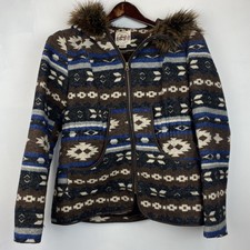 Hydraulic Flannel Coat Jacket Womens Medium Aztec Southwestern Faux Fur Hooded
