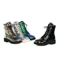 Womens Low Heels Lace Up Nightclub Shoes Glitter Size Glitter Sequin Ankle Boots
