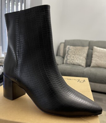 Phase Acht Damen braunes Leder Krokodildruck Knöchelgröße 8/41 Blockabsatz Stiefel £139