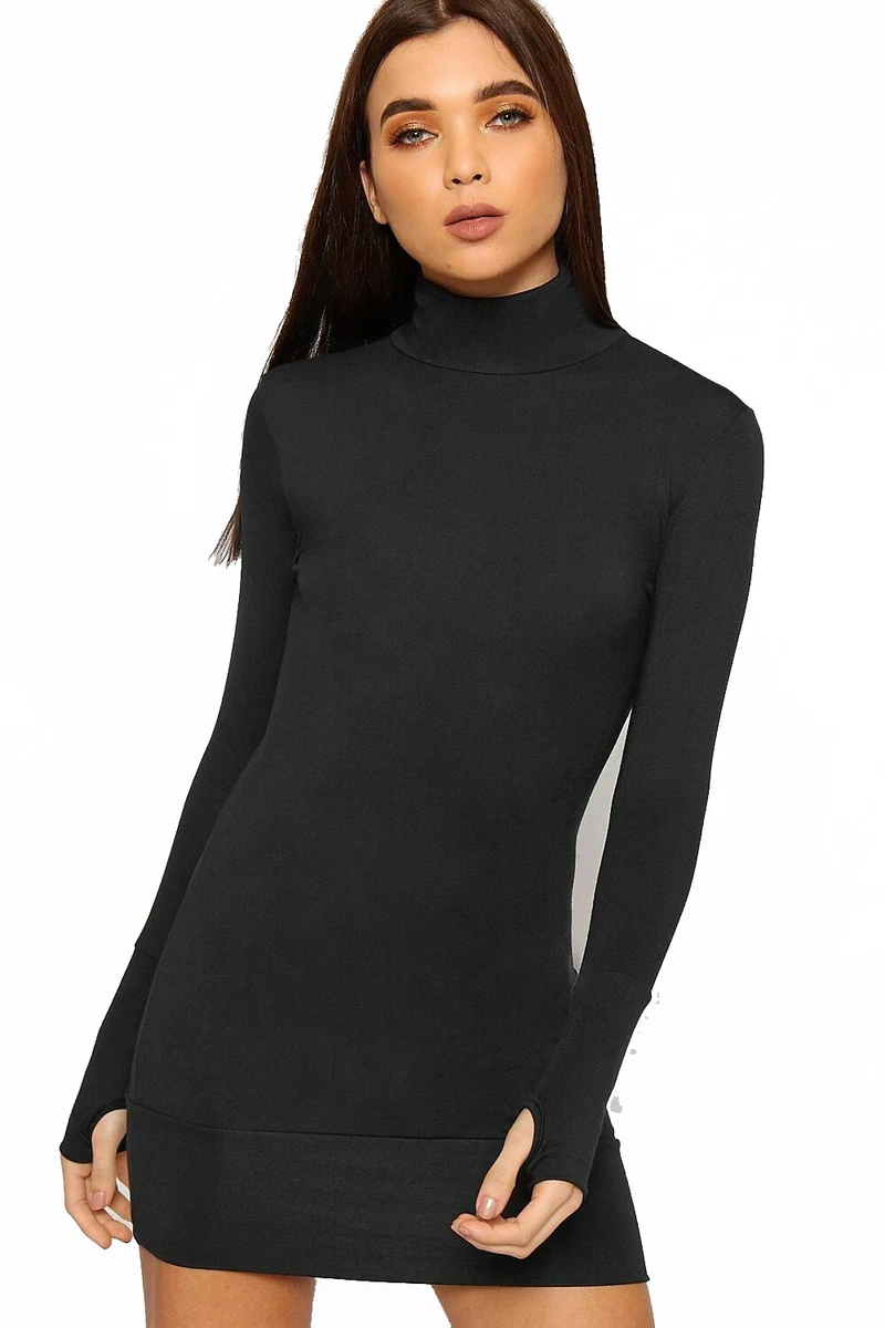 Women Long Sleeve Stretch Thumb Hole Tunic Top Bodycon Polo Neck