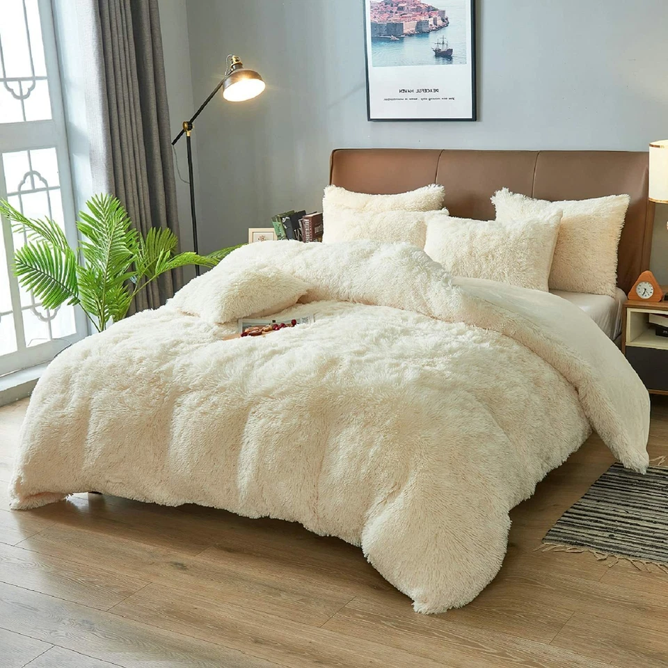 QUALITY BEAUTIFUL ULTRA SOFT PLUSH FLUFFY FUZZ IVORY WHITE FAUX FUR LUXURY COMFORTER SET