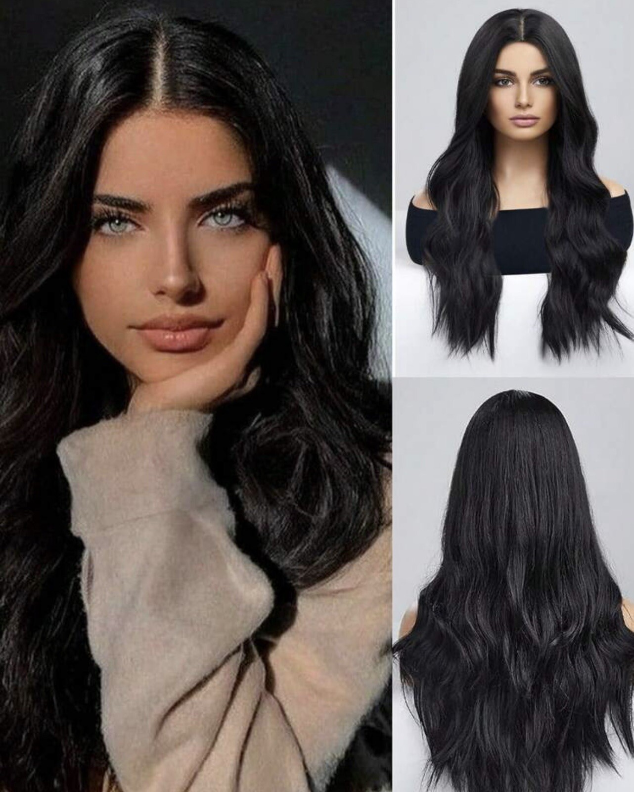 Perruque synthétique femme longue ondulé noir wig coiffure 60cm pour relooking capillaire facile