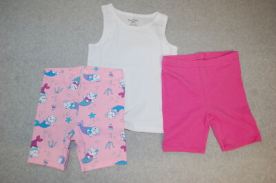 Toddler Girls 3 PC SUMMER LOT White Tank Top 2 BIKE SHORTS Pink Mermaid Kitty 3T