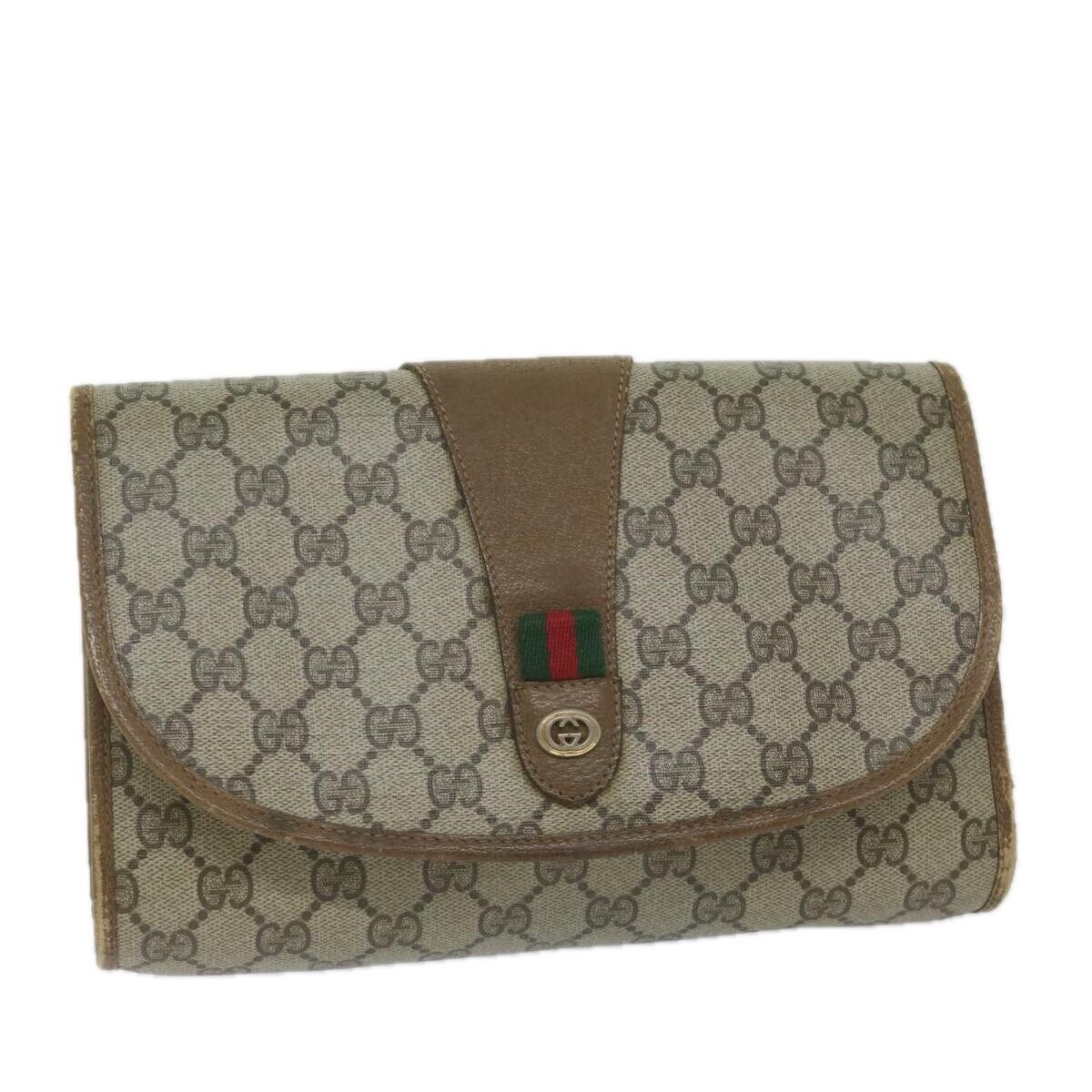 GUCCI GG Supreme Web Sherry Line Clutch Bag Beige Red 89 01 GUCCI GG Supreme Web Sherry Line Clutch Bag Beige Red 89 01
