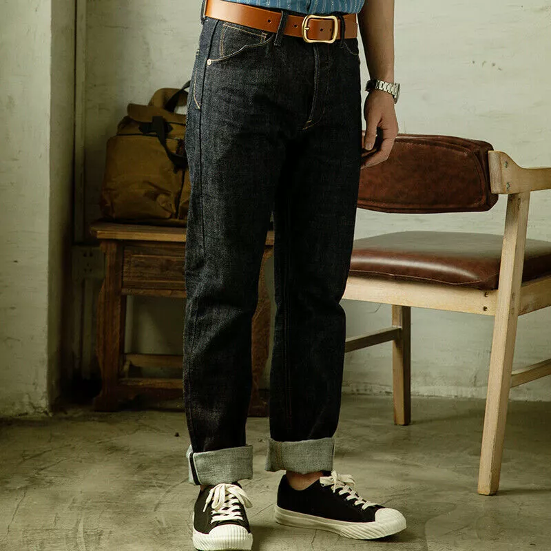 Men's 14oz Denim Pants Straight Raw Selvedge Jeans Trousers High Waist  Workwear