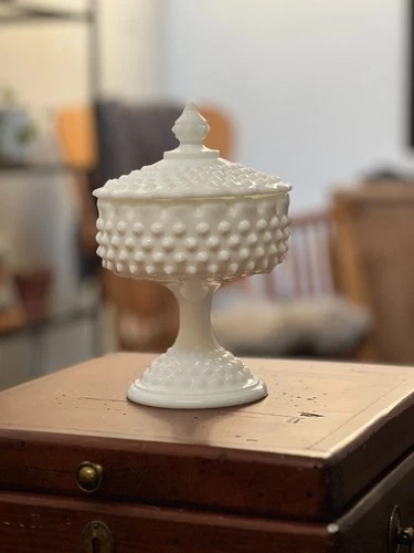 Vintage Fenton Hobnail Milk Glass Pedestal Footed Compote /Candy  Bowl with Lid