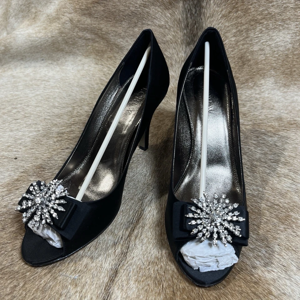 J Crew 女式水晶装饰黑色缎面露趾高跟鞋 8.5 — 第 3/4 张图片