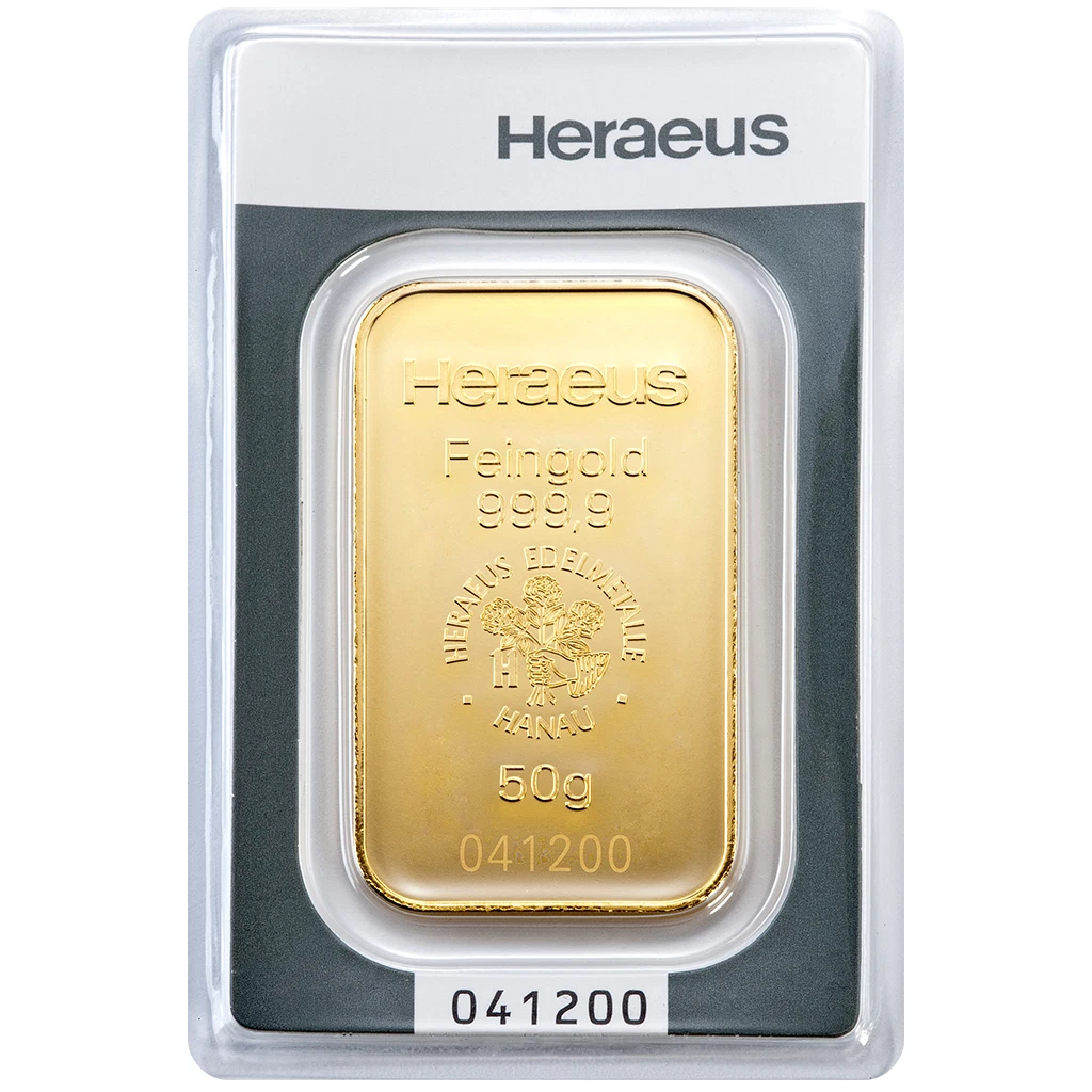 50 Gramm Goldbarren - 999,9 Gold - in Blisterkarte - Neuware - Heraeus