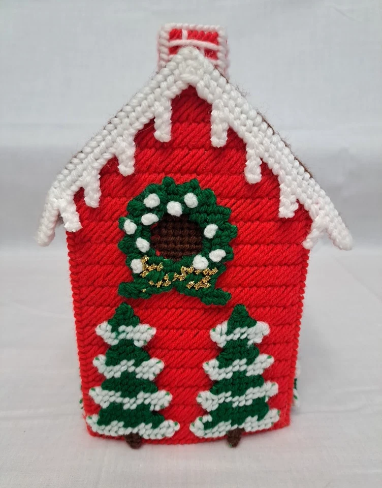 Caja de pañuelos vintage temática navideña hilo pan de jengibre casa cubierta roja verde 9x5" Foto 3 de 4