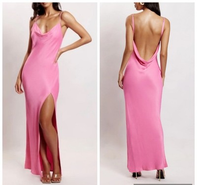 Meshki hot pink cowl neck backless high slit maxi dress gown open back silky L