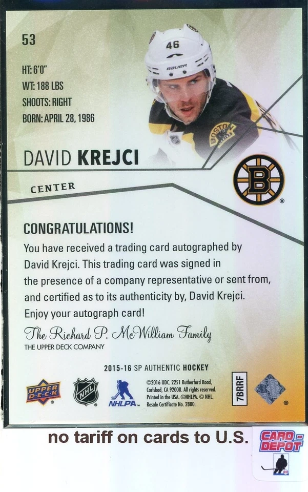 2015-16 SP Authentic Limited Autographs #53 David Krejci 94/99 - Image 2 of 2