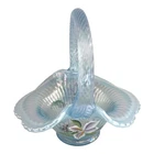 Fenton Misty Blue Iridescent Glass Basket Hand Painted Iris Artist Signed 7.5”