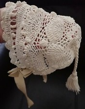 Antique 30s 40s Ivory Crochet Baby Hat Grosgrain Ties Tassel Bonnet 0-3 months