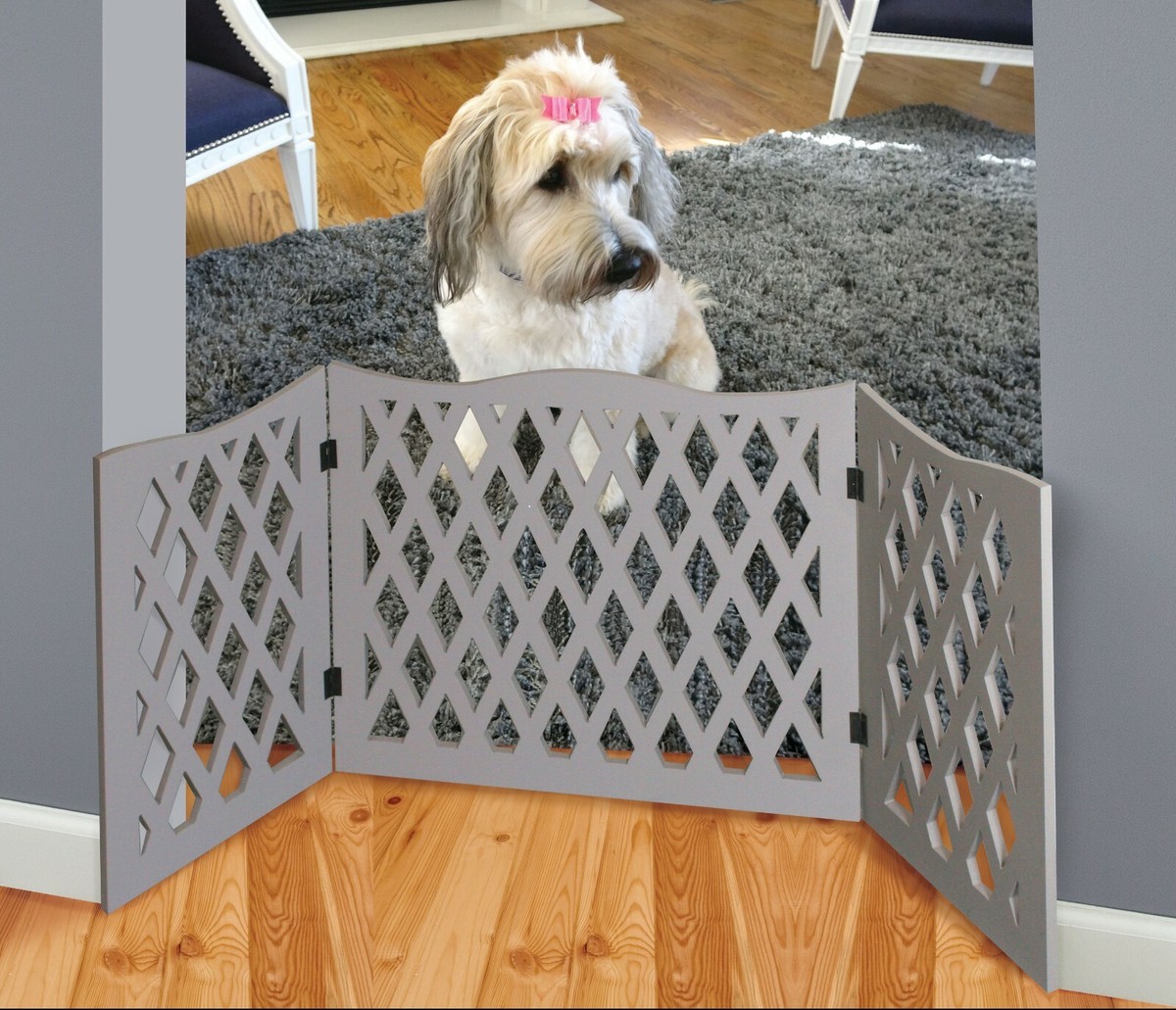 Gray Dog Fence Expanding Tri Fold Panel Wood Indoor Outdoor Pet