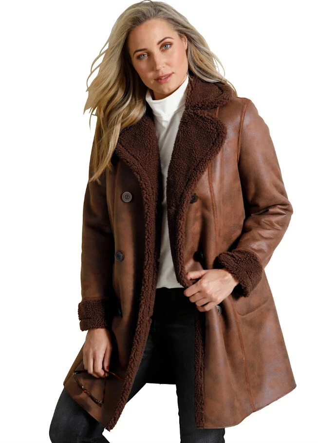 NEU LEDERIMITAT MANTEL WEBPELZ LAMMFELLOPTIK 42 52 56 MIAMODA cognac *84347401 - Bild 2 von 2