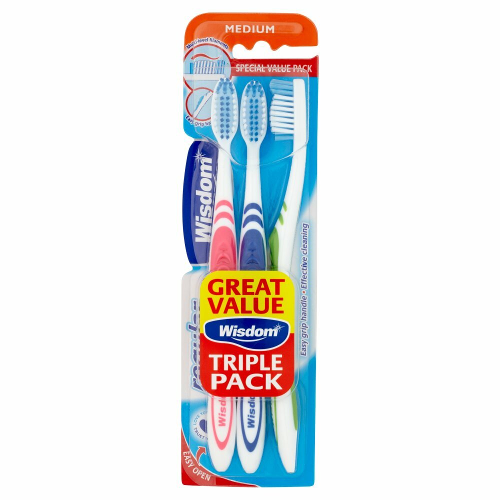 Wisdom Regular Plus Manual Medium Toothbrushes Triple Pack | easy grip handle