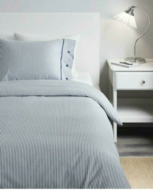 Ikea Strandgyllen Stripe Grey Double Duvet Cover Set For Sale