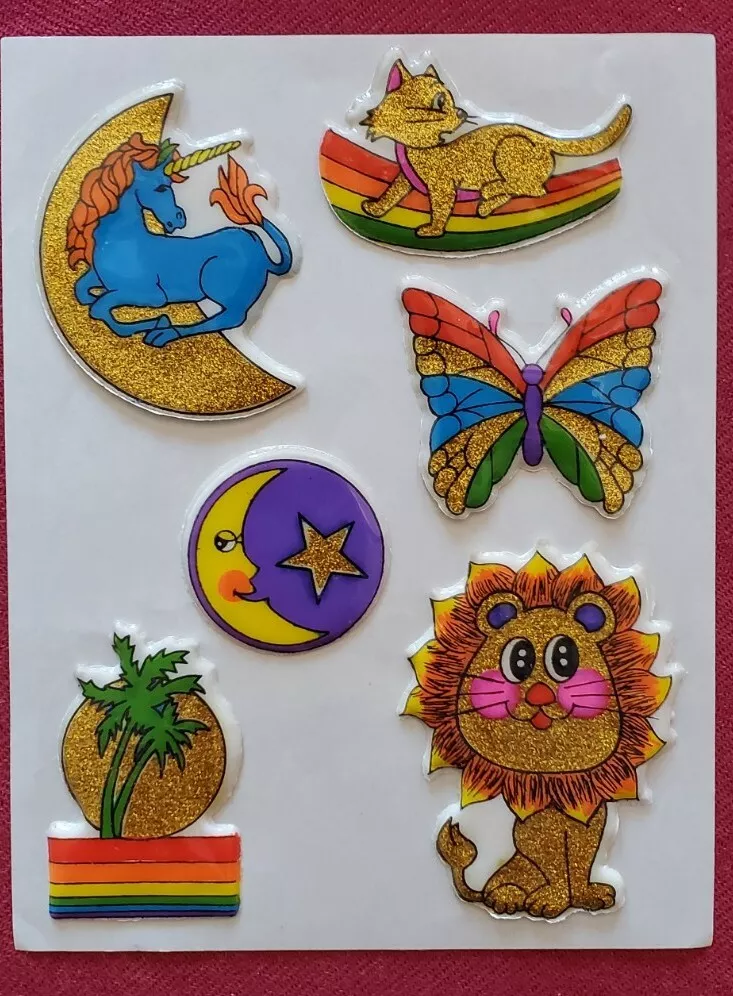 Vintage 80's Puffy Glitter Stickers: Rainbow, Unicorn, Cat, Butterfly,  Lion,Moon