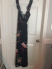 Haute Rouge Womens Maxi Floral Wrap Dress Ruffled Cold Shoulders Size S