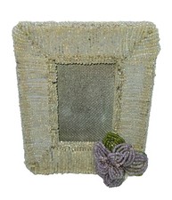 Vintage Champagne Beaded Picture Frame   Amethyst Beaded Flower   Metal Back 2X3