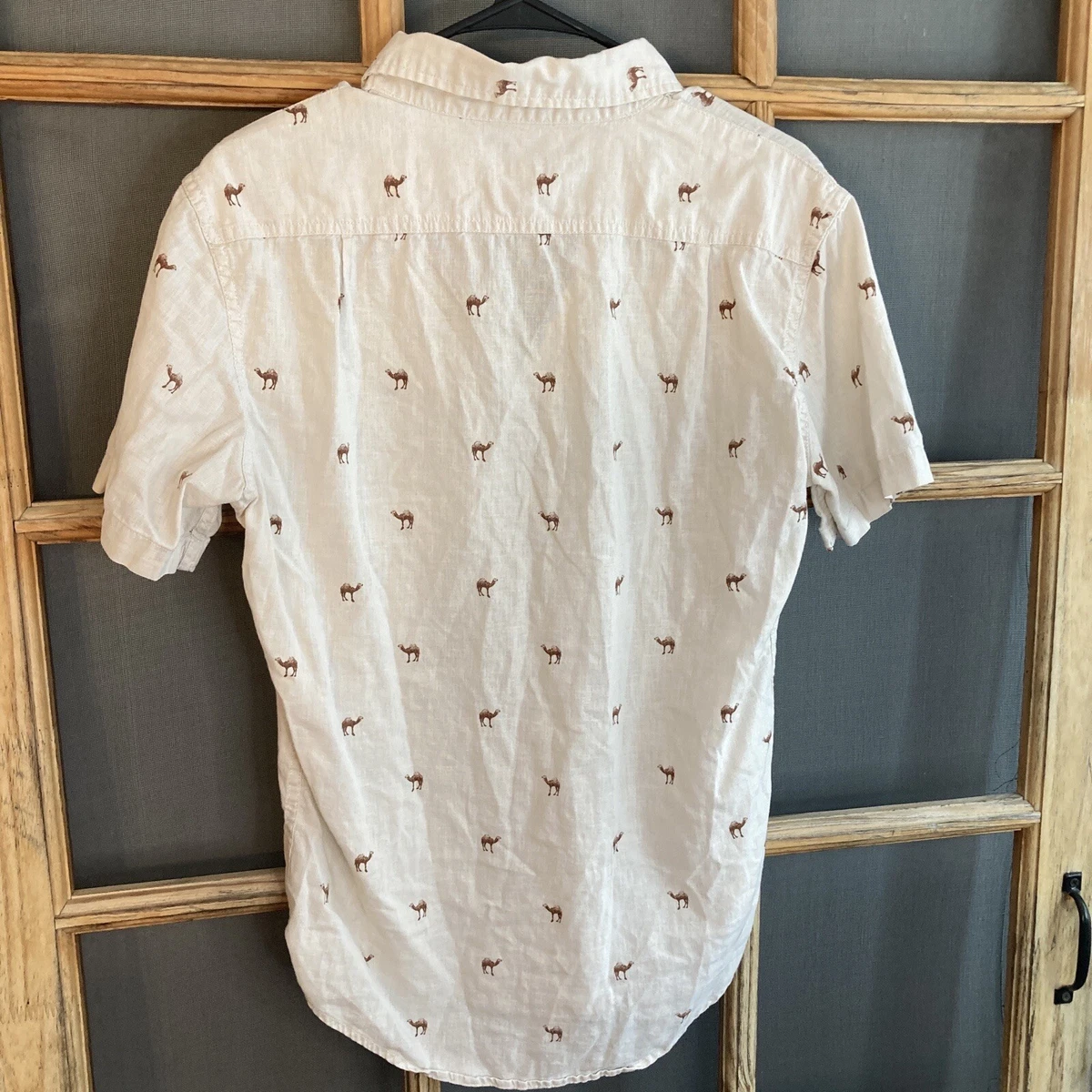 Merona Linen Cotton Blend Camel Print Mens SS Shirt S