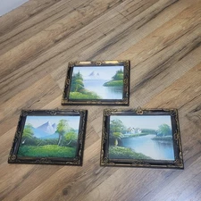 Set of 3 Framed Landscape Paintings Mountains Lake Cottage Hand Painted Ornate