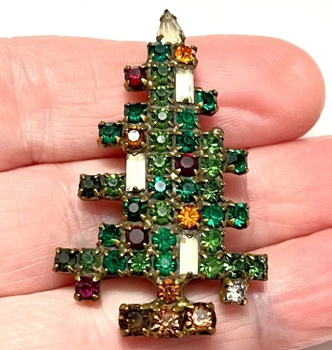 Vintage WEISS Brooch Rhinestones Christmas Tree 3 Candle 1960s Costume Jewelry