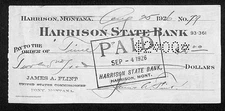 Harrison State Bank 1926 Bank Check Signed James A. Flint Montana