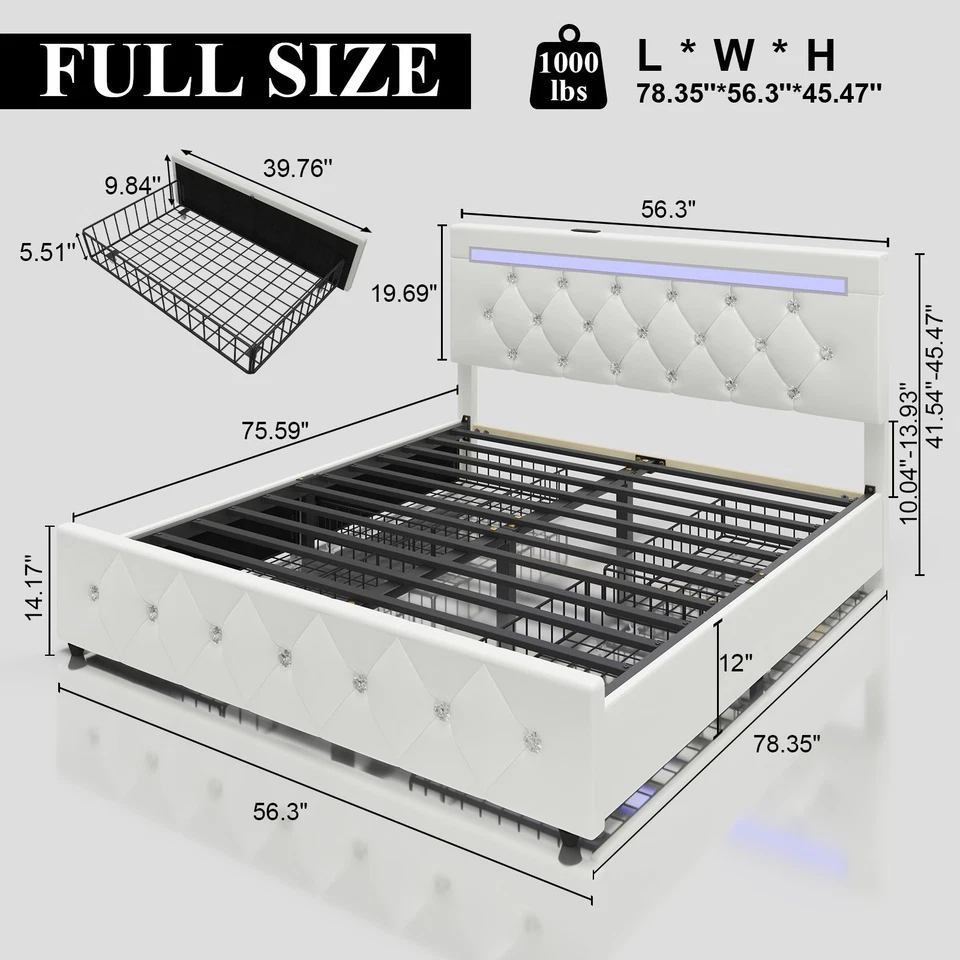 Upholstered Full Queen Bed Frame with Charging and LED Headboard, 4 Drawers - Image 4 of 4