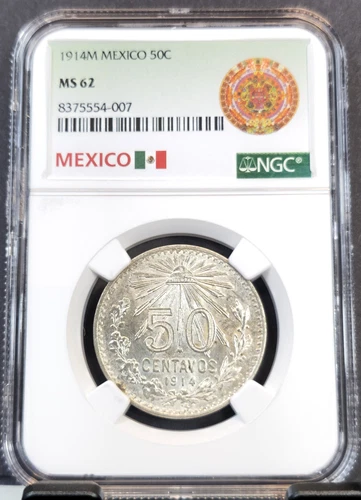 1914 MEXICO SILVER 50 CENTAVOS CAP N RAYS NGC MS 62 RARE BEAUTIFUL MINT STATE