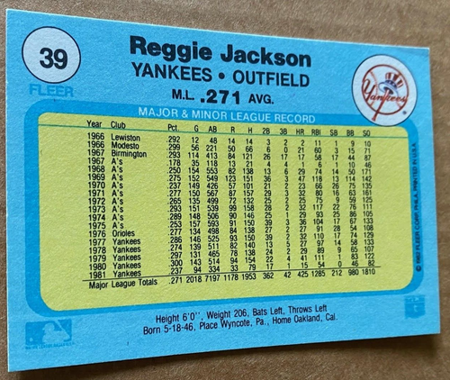 REGGIE JACKSON HOF 1982 FLEER Card #39 EX-MT Condition - Picture 2 of 2