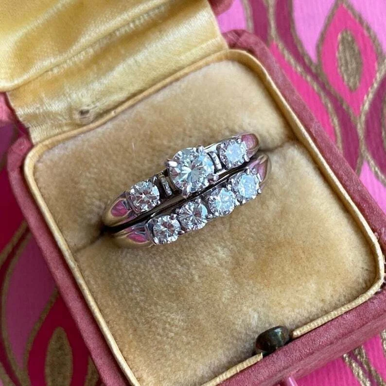 1880s Estate Vintage 2 Ct Round Moissanite Engagement Bridal Ring Set In Silver - Image 2 of 4