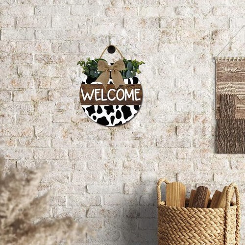 Cow Print Door Hanger Farmhouse Decorations Wreath Welcome Wood Hanging Sign ... - Picture 5 of 7