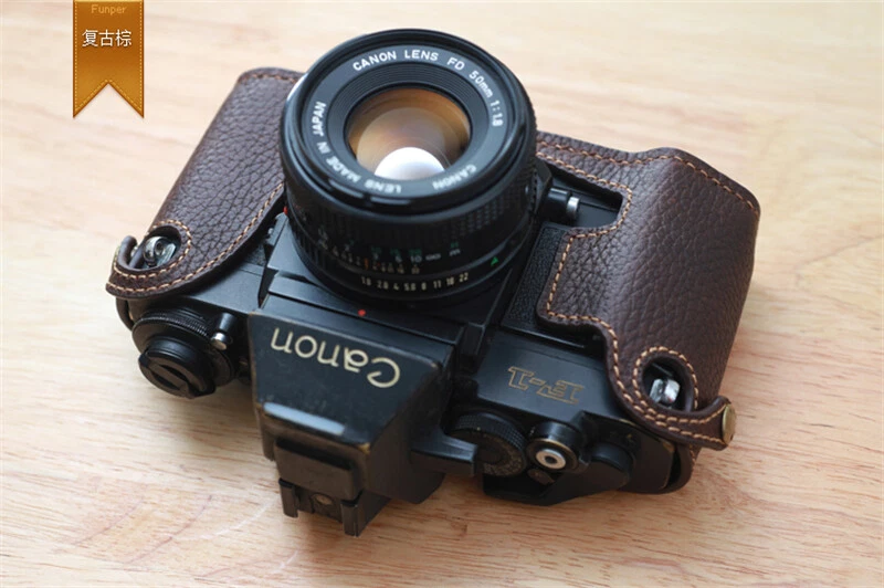 Funda de media cámara de cuero genuino hecha a mano para Canon nueva F-1 Foto 4 de 4